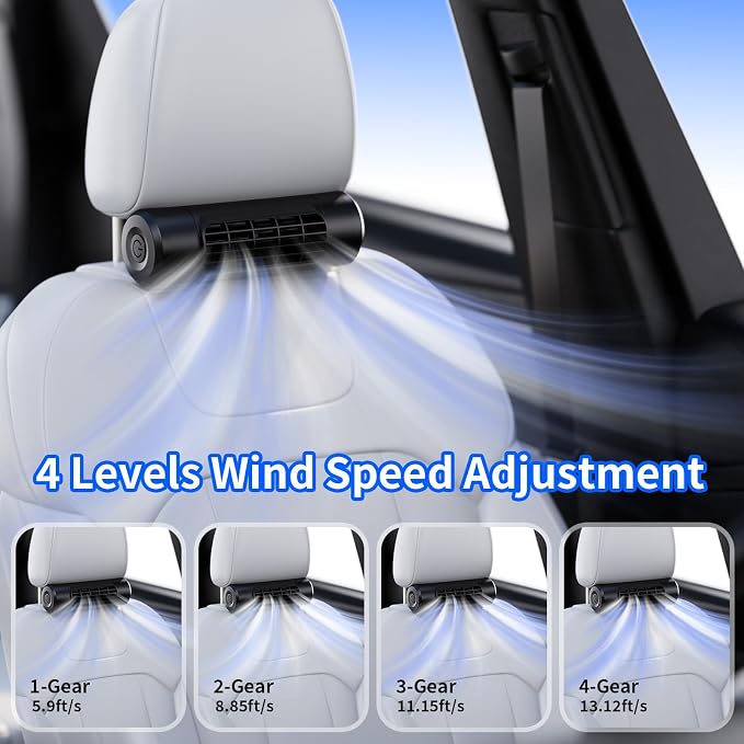Socool 10000mAh Portable Car Fan Rechargeable Battery Powered, 4-Speed Car Seat Fans for Baby Kids Backseat Cooling, Mini Rear Headrest Neck Fan 70° Tilt Adjustment for RV Truck Van Travel - Image 4