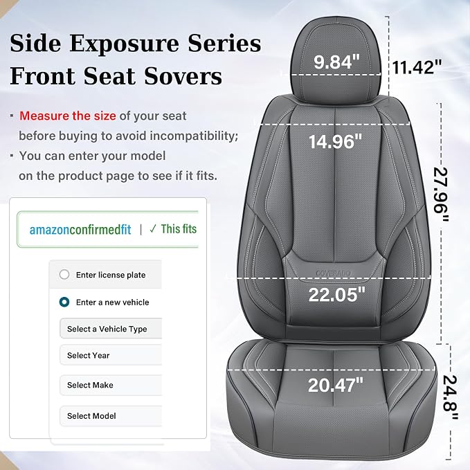 Coverado Front Seat Covers, Waterproof Nappa Leather Car Seat Cover, Sideless Car Seat Covers Front Seats, Driver Seat Cover, Car Seat Protector Universal Fit for Most Sedans SUV Truck, Grey - Image 5