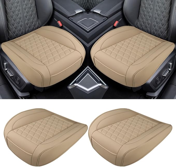 2PCS Luxury Faux Leather Car Seat Cover, Car Seat Cushion, Beige | Anti-Slip Waterproof Universal Front Bottom Seat Protector with Storage Pocket for Sedans, SUVs, Trucks, Triangular Pattern by Unknown