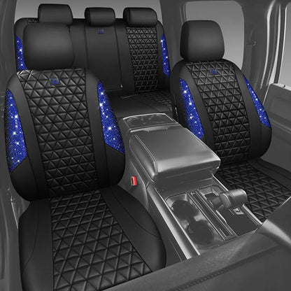 CAR PASS Bling Diamond Black Leather Car Seat Covers Full Set Interior Sets, Waterproof Shining Glitter Sparkly Crystal Universal Armrest Fit Automotive Truck SUV Cute Women Girl, Blue Rhinestone - Image 8