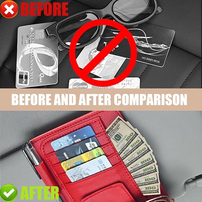 Augeny 2 PCS Car Sun Visor Organizer, Small Auto Visor Organizer and Storage, Registration and Document Holder for Sunglasses, Card, Pen, Driver License, Car Accessories (Red) - Image 5