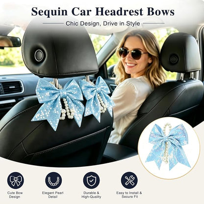 2 Pack Pearl Car Seat Headrest Hook with Bow & Sequin/Leopard/Polka Dot Design – Cute Purse Hanger for Vehicle,Grocery Bags, Umbrellas, Seat Back Organizer for Women (Light Blue Sequins) - Image 2
