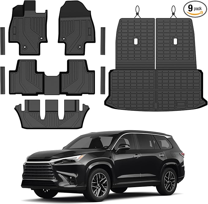 T TGBROS Floor Mats for Lexus TX|TX350|TX500|TX550+ 2024 2025 2026, All-Weather Custom Fit TPE Liner Set with Front & Rear Mats and Trunk Cargo Liner & Door Sill Guards Kit, 9PCS by TTGBROS