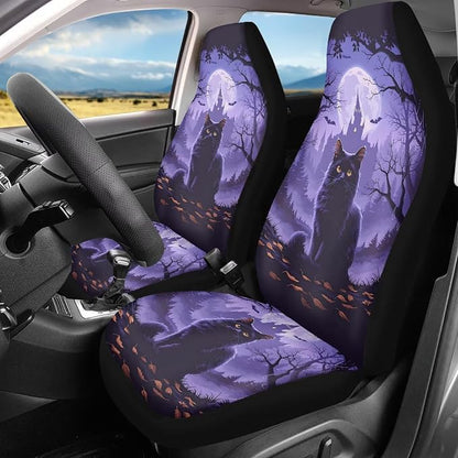 Halloween Black Cat Moon Car Seat Covers Front Seat Protector | Gothic Purple Night Print Car Accessories Automotive Seat Covers, Universal Automotive Interior Decor for Sedan Truck SUV - Image 2