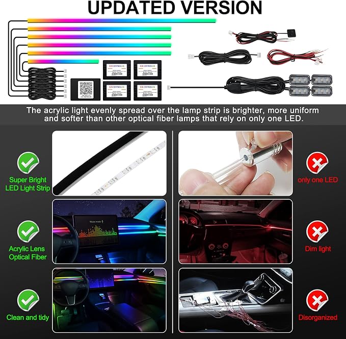 Dreamcolor Acrylic Interior Car LED Strip Light with Wireless APP, RGB 10 in 1 with 175 inches 593 LEDs Fiber Optic Ambient Lighting Kits, 16 Million Colors Sound Active Function Car Neon Lights - Image 5