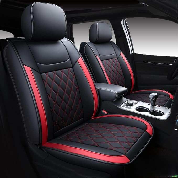 Huidasource Grand Cherokee Seat Covers, Waterproof Leather Customized Car Seat Cushion Covers, Full Set Seat Protectors Compatible with Grand Cherokee 2011-2022, (5 Pcs Full Set/Black&Red) by Huidasource