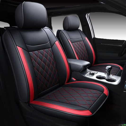 Huidasource Grand Cherokee Seat Covers, Waterproof Leather Customized Car Seat Cushion Covers, Full Set Seat Protectors Compatible with Grand Cherokee 2011-2022, (5 Pcs Full Set/Black&Red) by Huidasource