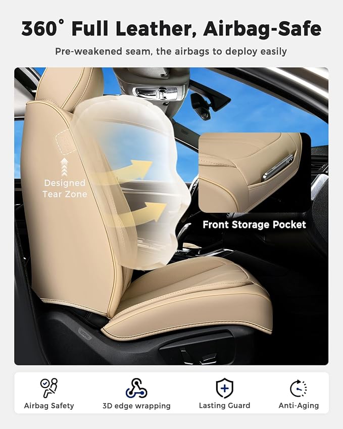 Huidasource Beige Seat Covers Luxury Nappa Leather, Car Seat Cover with Velcro Adjustable, Airbag, Lumbar Support, Cooling＆Heating, Automotive Seat Covers Universal Fit for Most Cars SUV Trucks Beige - Image 4