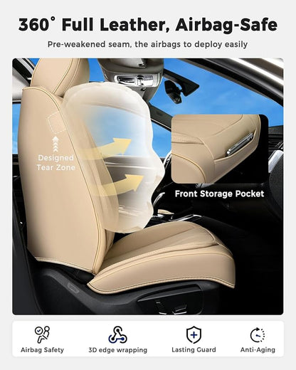 Huidasource Beige Seat Covers Luxury Nappa Leather, Car Seat Cover with Velcro Adjustable, Airbag, Lumbar Support, Cooling＆Heating, Automotive Seat Covers Universal Fit for Most Cars SUV Trucks Beige - Image 4