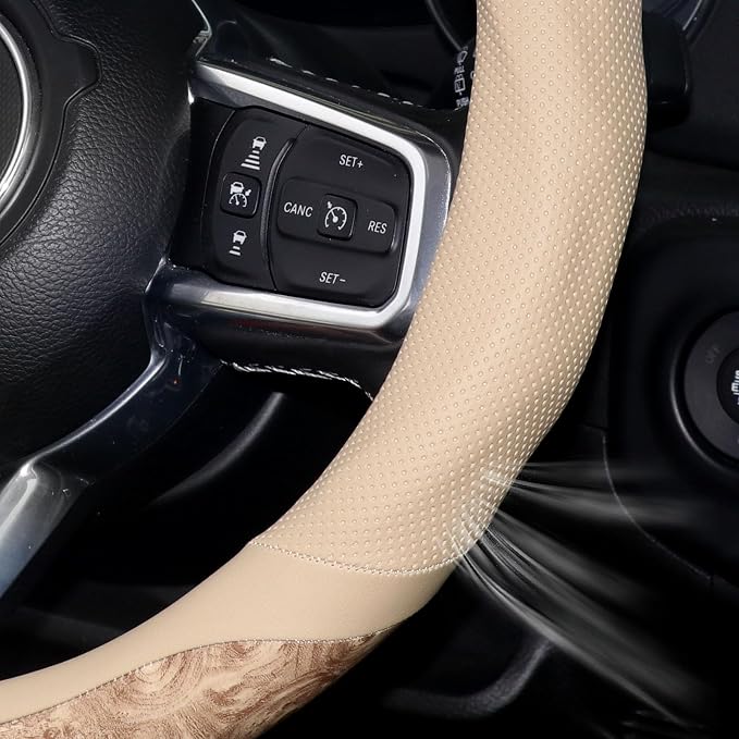 KAFEEK Wood Grain Steering Wheel Cover, 14.5-15 inch, Beige | Breathable Microfiber Leather, Non-Slip, Universal Fit Cars, SUVs, Truck - Image 5