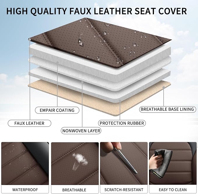 Car Seat Covers Full Set, 5 Seats Universal Leather Seat Covers for Cars, Waterproof Front and Rear Seat Cover, Breathable Automotive Seat Cover for Most Sedans, Trucks, SUVs, Black&Brown - Image 6