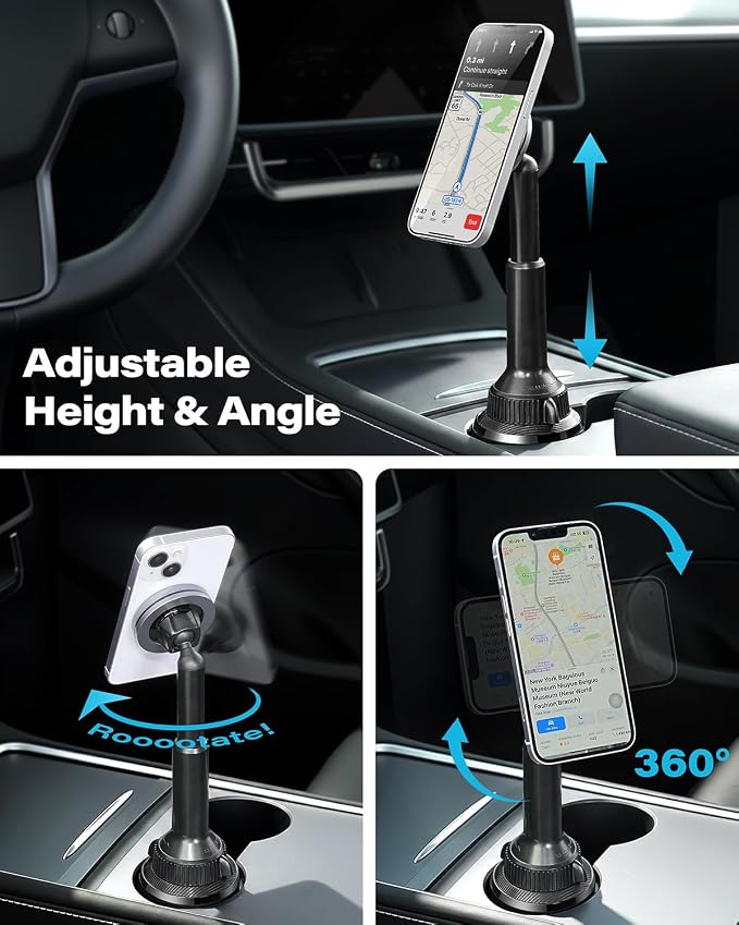 Phone Cup Holder for Car Mount for MagSafe, Quick Extension Long Arm | 360° Rotation, Fits 3"-4" Cup Holders - Stable & Secure for iPhone 12-17 Series, Carbon Fiber Pattern - Image 3