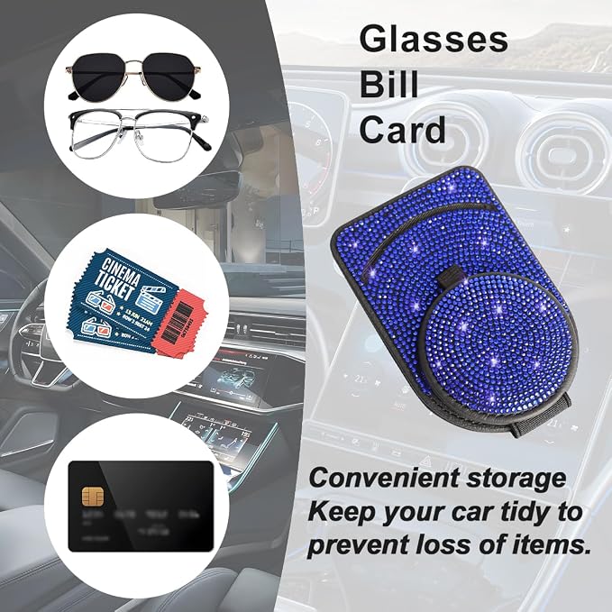 Bling Sunglasses Holder for Car Visor, Genuine Leather Crystal Rhinestone Vehicle Eyeglasses Clip Mount Hanger, Auto Ticket Card Origanizer for Women Girls, Universal Fit (Blue) - Image 4