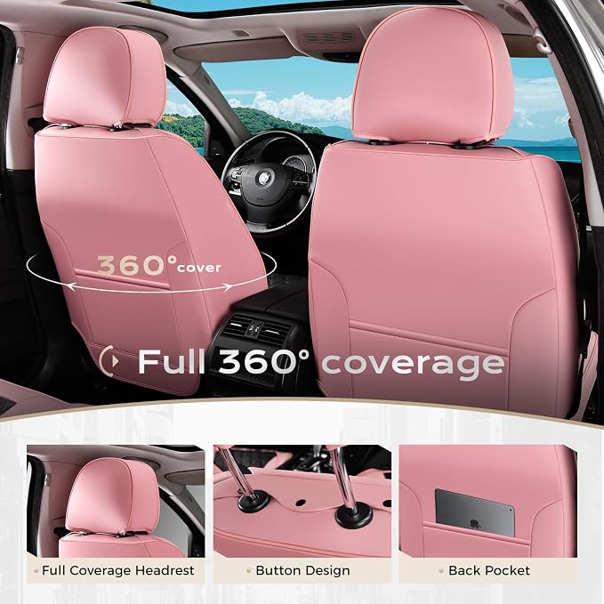Coverado Universal Car Seat Covers Full Set, Stylish Waterproof Faux Leather Front & Rear Seat Protectors for Sedan SUV Truck, Luxury Fashion Interior – PinkBlack - Image 4
