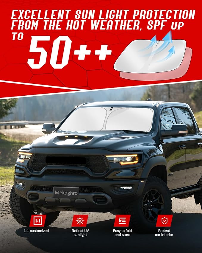 Custom Fit Windshield Sun Shade for Dodge Ram 1500 2019-2025 2026 | Foldable, Easy to Install & Store, Full Coverage, 210T Reflective Fabric, Blocks 99% of UV Rays - Image 7