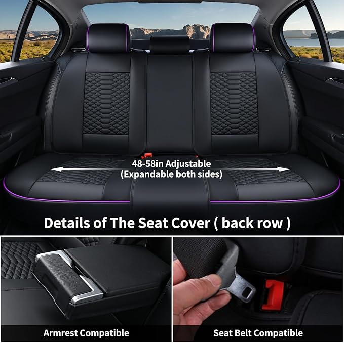 Coverado Leather Seat Covers, Car Seat Covers Full Set, Nappa Leather Seat Covers for Cars, Car Seat Protectors Waterproof, 5 Seats Black&Purple Automotive Seat Covers Fit for Most Cars Trucks - Image 2