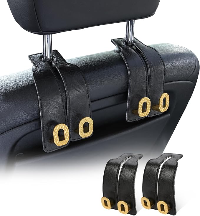 Car Headrest Hooks Universal Car Purse Hook Premium Leather and Alloy Twin Hook Car Seat Back Storage Hanger Hook for Purse Bags Cloth Drink Durable Holder Car Accessories (BH09-Black-Gold) - Image 8