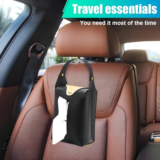 Car Tissue Holder, Large Car Headrest Hanging Tissue Box Cover, PU Leather Auto Napkin Holder, Universal Vehicle Backseat Paper Organizer for Cars Sun Visor (Black) - Image 6