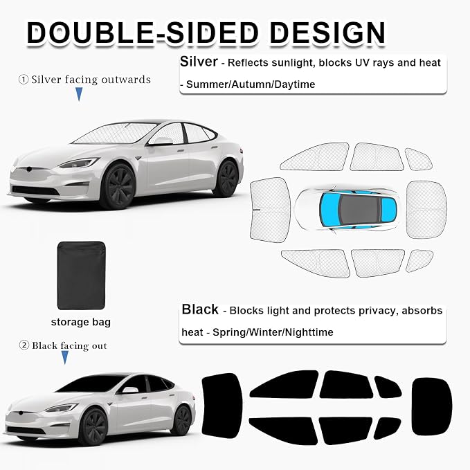 KMF 8pcs Thicken Sun Shades for Tesla Model S 2021-2026 Accessories,Windshield Sunshade Car Window Covers for Side Rear, UV Block and Blackout Privacy for Car Camping - Image 5