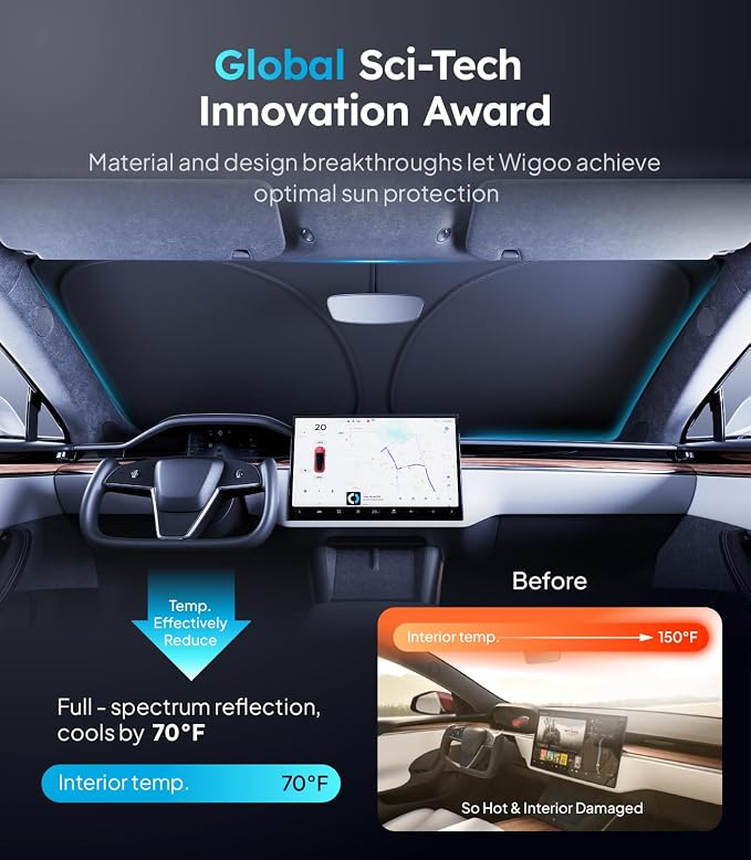 Wigoo for Tesla Model S Windshield Sunshade, Keeps Cool, OEM Design | Custom Fit, Cooling Tech Fabric, Foldable Heat-Blocking Sunshade with Storage Bag, for Tesla Model S 2016-2026 - Image 2