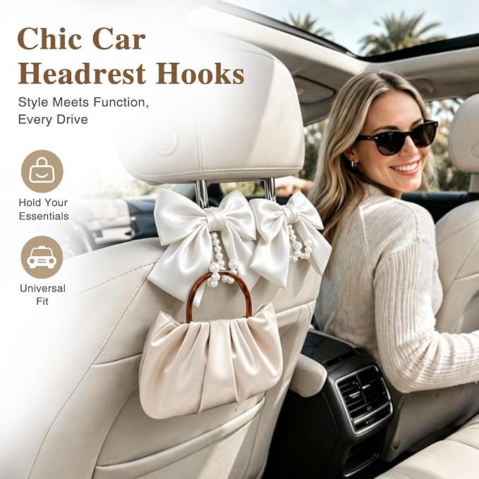 2 Pack Pearl Car Seat Headrest Hook with Bow & Sequin/Leopard/Polka Dot Design – Cute Purse Hanger for Vehicle,Grocery Bags, Umbrellas, Seat Back Organizer for Women (White) - Image 4