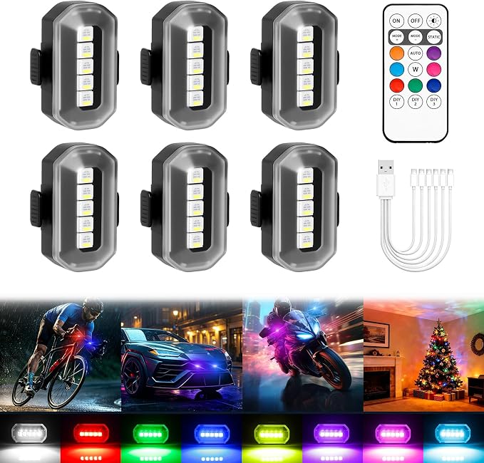 Upgraded 6PCS Wireless Strobe Lights for Car Motorcycle Bike Remote Bright 5 LEDs Anti Collision Lighting USB-C Rechargeable RGB Mini Exterior Warning Flashing Interior Ambient Light IP67 Waterproof - Image 8