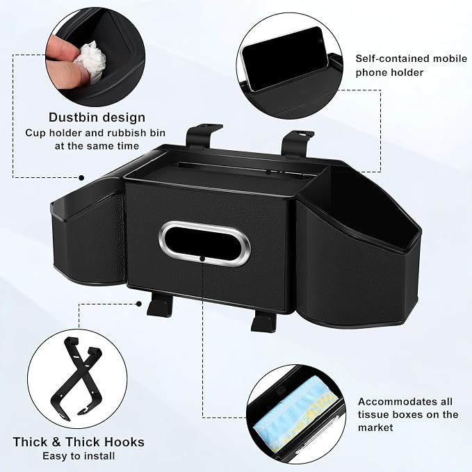 7-In-1 Car Seat Back Organizer with Cup Holders, Tissue Box, Garbage Can&Hooks, Multifunctional Headrest Storage Organizer, Headrest Cup Holder for Backseat, Car Accessories for Trips, Travels(Black) - Image 3