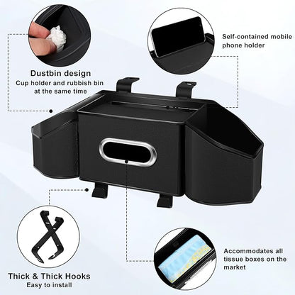 7-In-1 Car Seat Back Organizer with Cup Holders, Tissue Box, Garbage Can&Hooks, Multifunctional Headrest Storage Organizer, Headrest Cup Holder for Backseat, Car Accessories for Trips, Travels(Black) - Image 3
