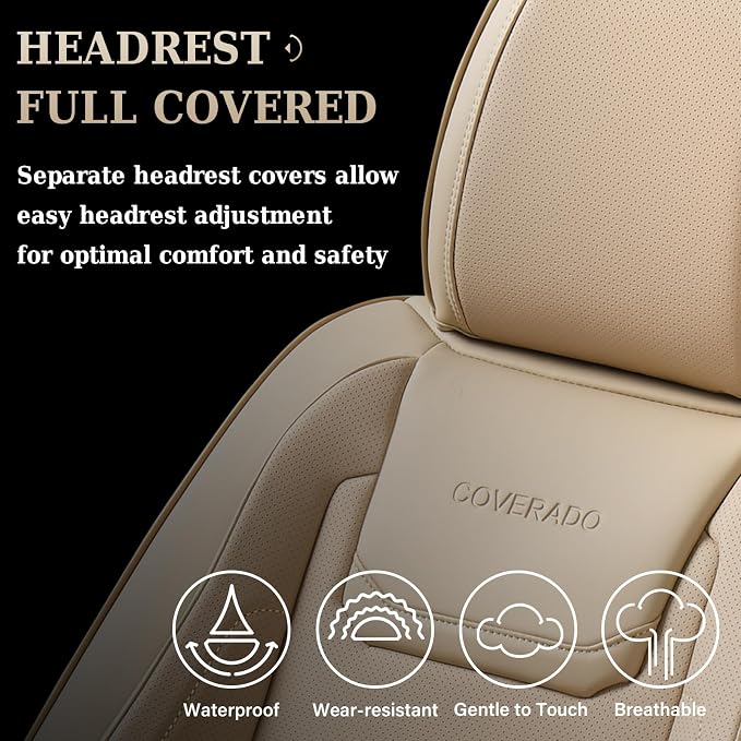 Coverado Car Seat Covers Full Set, Waterproof Car Seat Protector, Leather Seat Cushion, Universal Car Interior Covers Seat Protectors for Most Cars Beige - Image 6