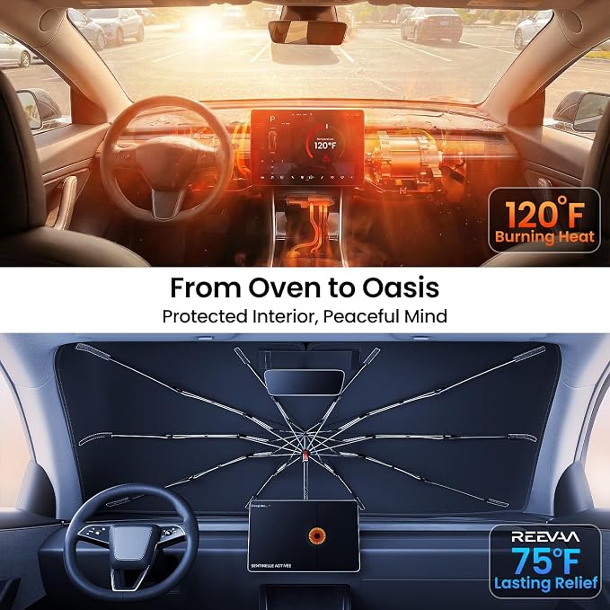 REEVAA Windshield Sun Shade Umbrella for Kia Telluride 2020-2026, Z8 | Stay Cool in Summer, 6-Layer Heat Defense Blocks Sun & Heat, Precision Fit for Kia Telluride, Durable 28-Rib Frame - Image 2
