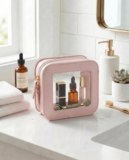Small Makeup Bag for Purse Mini Cosmetics Bag Leather Cute Cosmetic Pouch for Women with Slip-in Pockets (Square, Light Pink) - Image 2