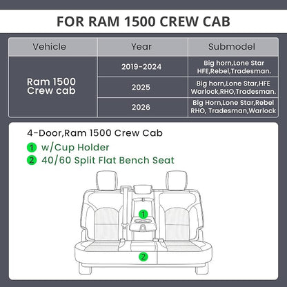 EKR Ram 1500 Seat Covers Custom Fit for (Crew Cab) RAM 1500 Big Horn/Rebel/Tradesman/Lone Star 2019-2026,Waterproof Leather Car Seat Cover for Trucks Full Set-Faux Leather (Black with White Piping) - Image 2