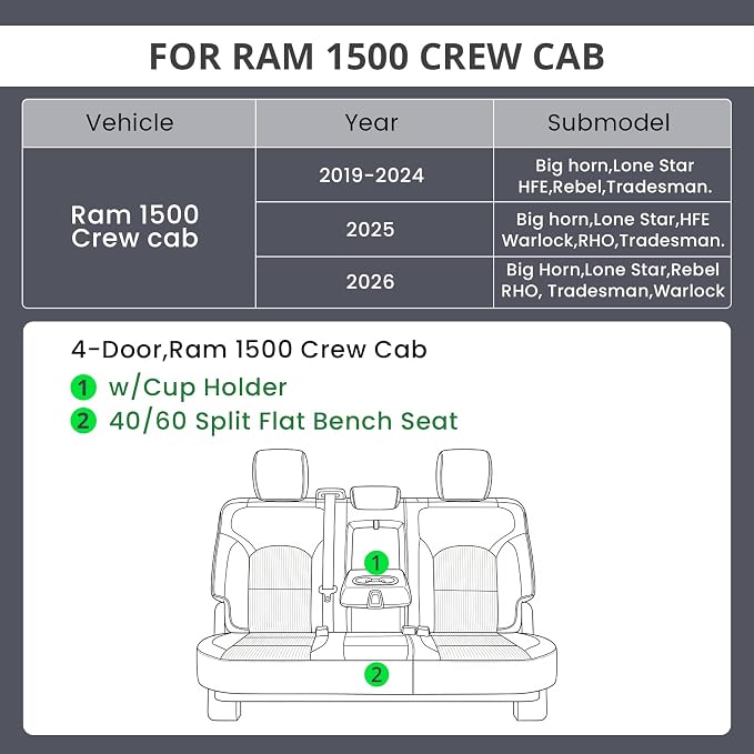EKR Ram 1500 Seat Covers Custom Fit for (Crew Cab) RAM 1500 Big Horn/Rebel/Tradesman/Lone Star 2019-2026,Waterproof Leather Car Seat Cover for Trucks Full Set-Faux Leather (Black with Red Piping) - Image 2