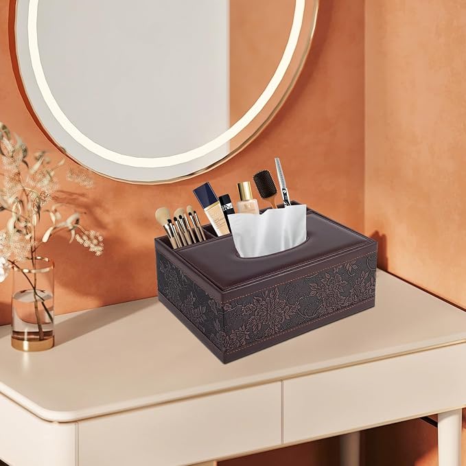 Tissue Box Cover Rectangle Retro Tissue Box Holder PU Leather Facial Tissues Organizer,Multifunctional Remote Control Stationery Storage Box,Home Office Supplies Car Napkin Caddy - Image 9