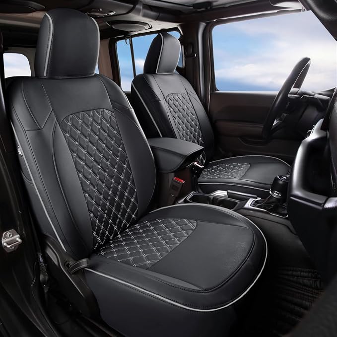 GIANT PANDA Wrangler JL Seat Covers Custom Fit for Jeep Wrangler,Premium Waterproof Faux Leather, 2018 2019 2020 2021 2022 2023 2024 2025 2026 JL 4 Door Without Rear Cup Holder Full Set (Black&Gray) by GIANTPANDA
