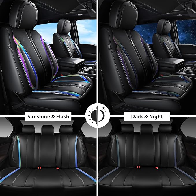 CAR PASS Nappa Leather Car Seat Covers, Durable Waterproof Luxury Universal for SUV Pick-up Truck Sedan, Anti-Slip Driver 5 Seats Covers Full Set with Backrest (Black Chameleon Iridescent Reflective) - Image 3