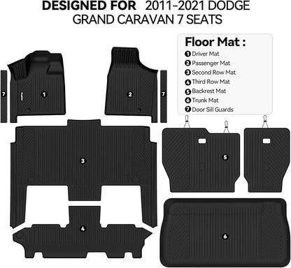 Floor Mats for 2011-2021 Dodge Grand Caravan 7 Seats Accessories | Trunk Mat and Backrest Mats & Door Sill Guard All Weather TPE Protector Odorless Full Set Interior Floor Liners - Image 2