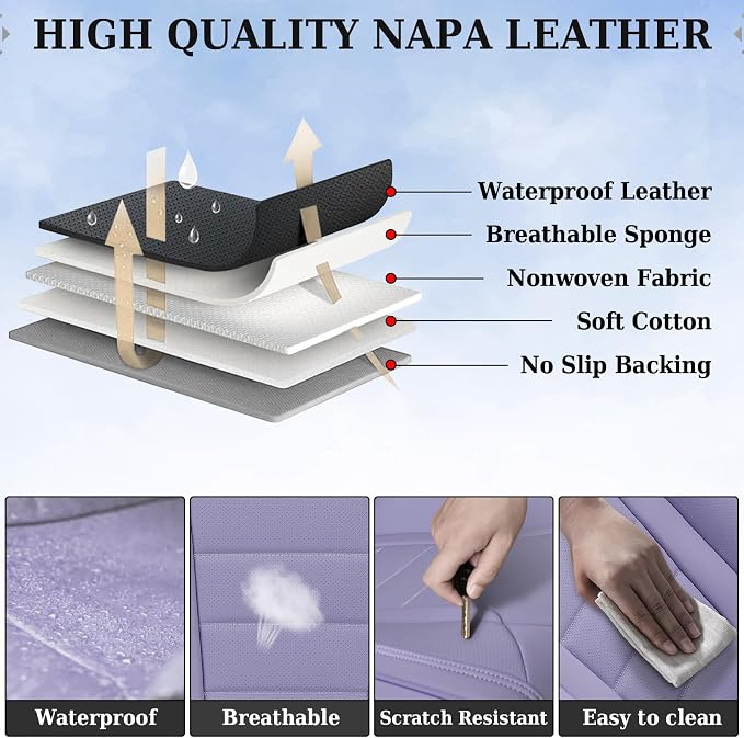 Coverado Car Seat Covers Full Set, Nappa Leather Seat Covers for Cars, Car Seat Protector Car Seat Cushion, Front and Back Seat Protectors Cushions Universal Fit for Most Cars Vehicles(Purple) - Image 8