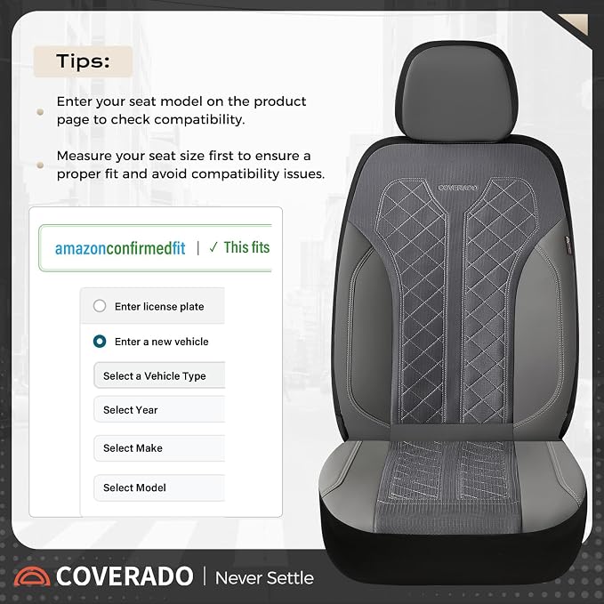 Coverado Car Seat Covers 2-Pack, Luxury Front Seat Covers, Automotive Car Seat Protectors, Gray Driver Seat Covers Universal Fit for SUVs, Trucks, Sedans - Image 4
