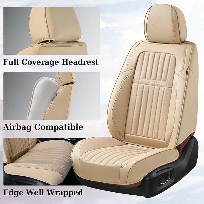 Coverado Car Seat Covers Front Seats, Car Seat Cover Beige, 2-Pack Car Seat Cushion Nappa Leather, Car Seat Protector, Waterproof Seat Covers Carseat Cover Universal Fit for Most Cars Trucks - Image 4