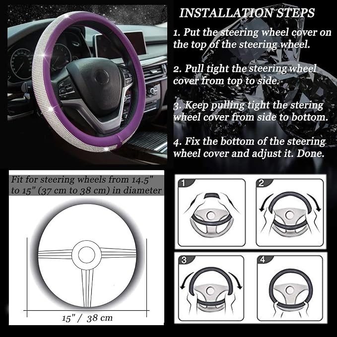 New Diamond Leather Steering Wheel Cover with Bling Crystal Rhinestones | Universal Fit 15 Inch Car Wheel Protector for Women Girls Purple - Image 9