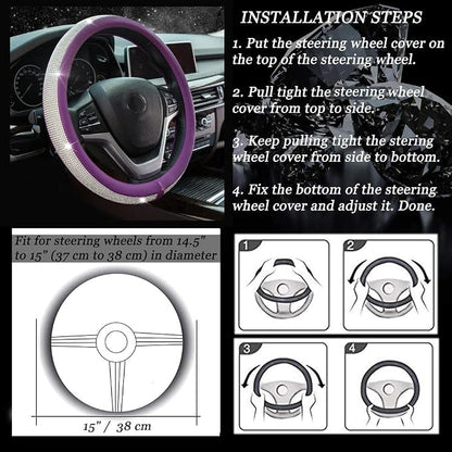 New Diamond Leather Steering Wheel Cover with Bling Crystal Rhinestones | Universal Fit 15 Inch Car Wheel Protector for Women Girls Purple - Image 9