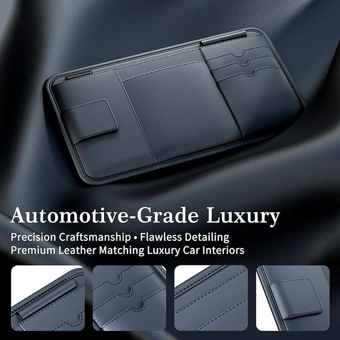Car Visor Organizer, Premium Leather Sunglasses & Card Holder for Cars, Registration/Insurance Slot, Credit Card Pockets, Automotive Interior Organizer for Car Sun Visor (Black Leather) - Image 5