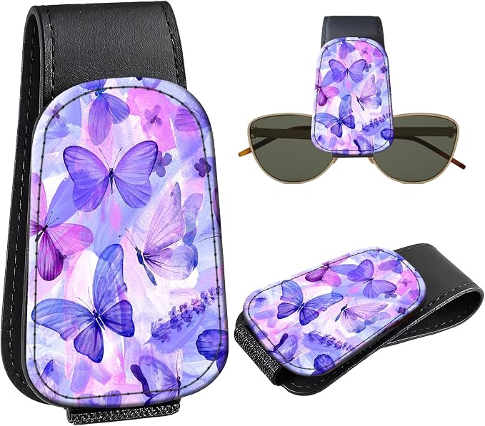 Leather Magnetic Sunglass Holder for Car Sun Visor, Cute Eyeglass Ticket Card Hanger Clip, Universal Auto Interior Accessories for SUV Pickup Truck, Purple Butterfly by Unknown