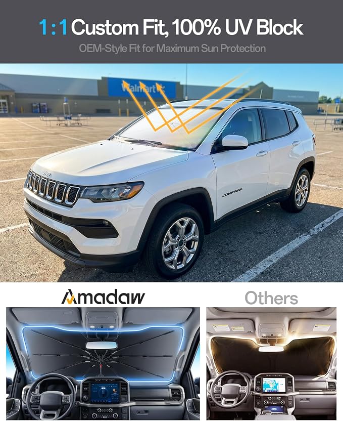 Windshield Sun Shade for Jeep Compass 2007–2026, Foldable Umbrella Sunshade with 100% UV Block, Multi-Layer Heat Insulation, Reinforced 10-Rib Frame, Keeps Car Cooler, Summer Car Accessory - Image 3