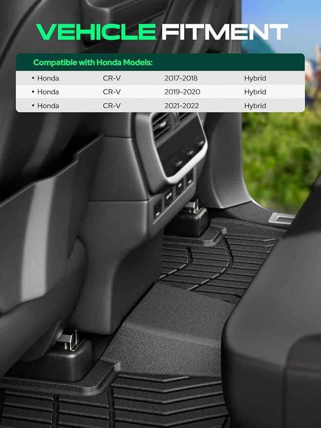 YHTAUTO Automotive Floor Mats for Honda CR-V 2017-2022 (Hybrid Only) | TPE All Weather Car Mats, Anti-Slip & Custom Fit Floor Liners | Front & 2nd Row, Black, Set of 3 - Image 3