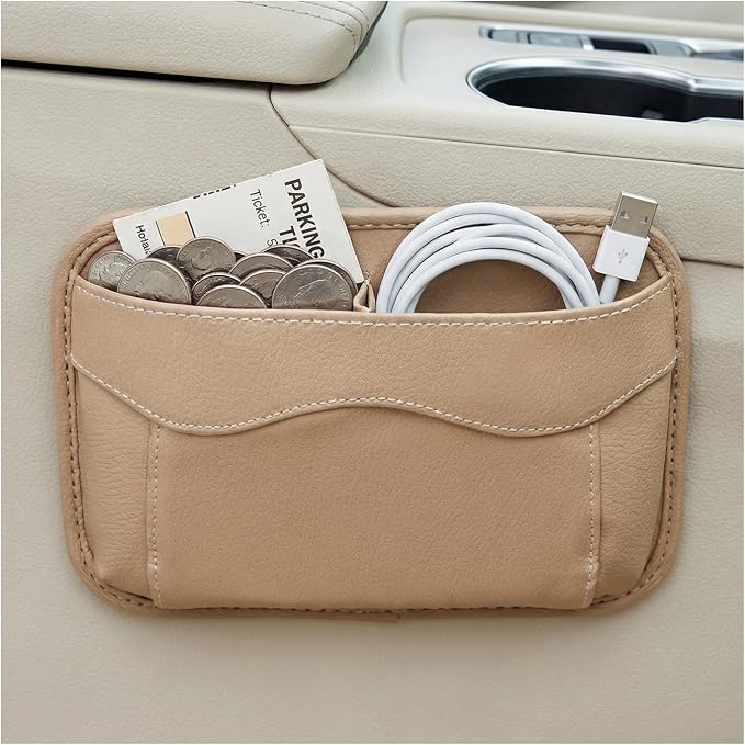 Car Seat Side Pocket Organizer, Multifunctional Auto Console Door Window Side Pocket Seats Storage Pouch, Leather Seat Gap Filler Organizer Pen Phone Holder for Most Vehicles (Beige) by XJVSS