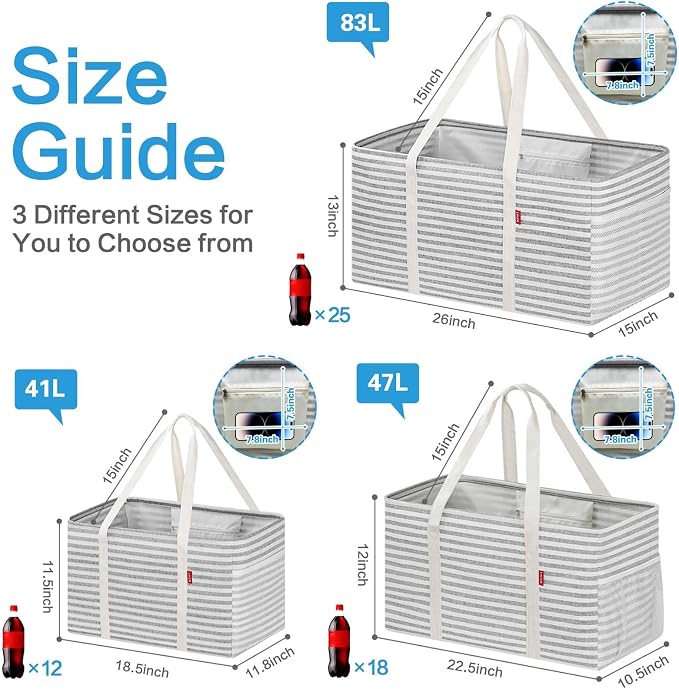 LHZK Standing Extra Large Utility Tote Bag with Metal Wire Frame and the Sides Rinforced, Extra Large Tote Bag with Handle, Reusable Grocery Bags Foldable, Beach Bag, Car Tote (Gray) | 22.5×10.5×12 inch - Image 4
