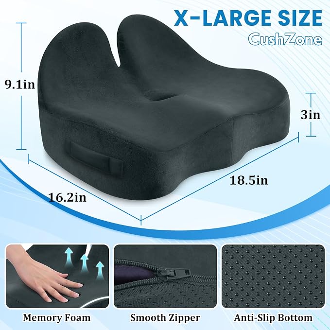 CushZone Extra Large Seat Cushion, Sciatica Support for Chair, Blue Grey | Ergonomic Office Chair Cushion for Hip & Tailbone Pain Relief, Memory Foam Cushion for Car, Long Trip, Desk Chair, Lab - Image 2