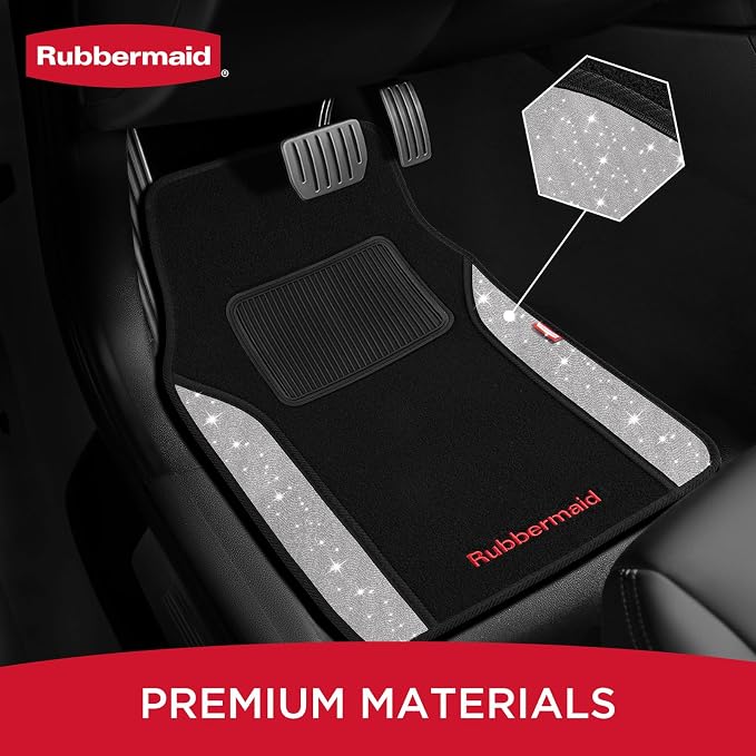 Rubbermaid Bling Car Mats, Carpeted Floor Car Mat with Faux Leather & Built-in Heel Pad, Two-Tone Car Rug Floor Mats, Stylish Carpeted Floor Mats for Cars, Trucks & SUVs Glitter Sliver Color - Image 2